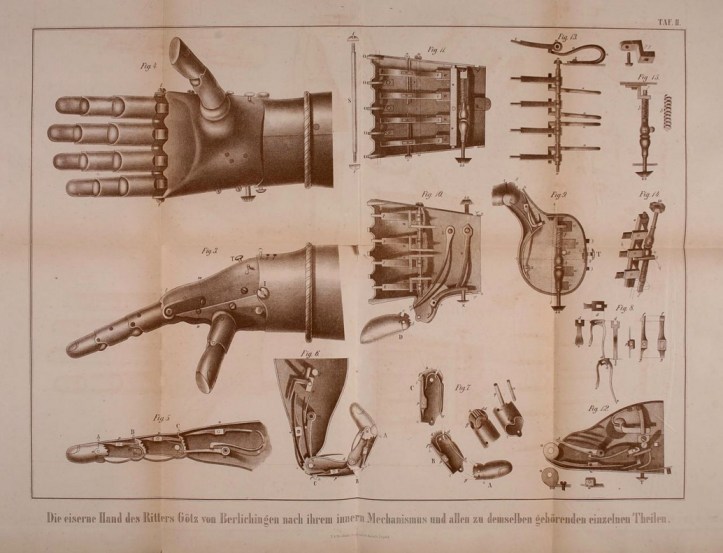 A 19th century engraving showing the inner workings of Ber's iron hand. (Image via Wikipedia)