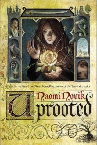 Cover for Naomi Novik's Uprooted shows a castle divided into pictures. The main picture shows a woman magically growing a rose. The other pictures along the side of the castle show minor characters from the book. 