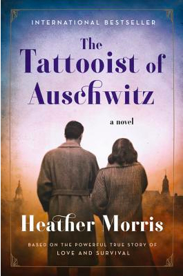book cover for Tattooist of Auschwitz shows Lale and Gita from the back staring at the Auschwitz skyline.