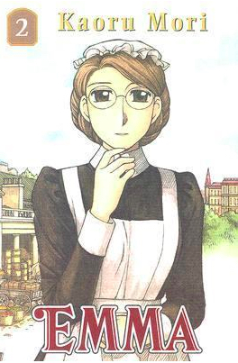 Book cover for the second volume of Kaoru Mori's Emma shows the same oddly elegant maid standing in front of another palatial house. This house is set on park-like grounds, and not in the city.